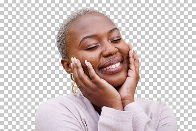 Buy stock photo Black woman, happy and hands on face for self love or peace in transparent, isolated or png background. African, employee and relax with calm, mindset and confidence with fashion and style for work