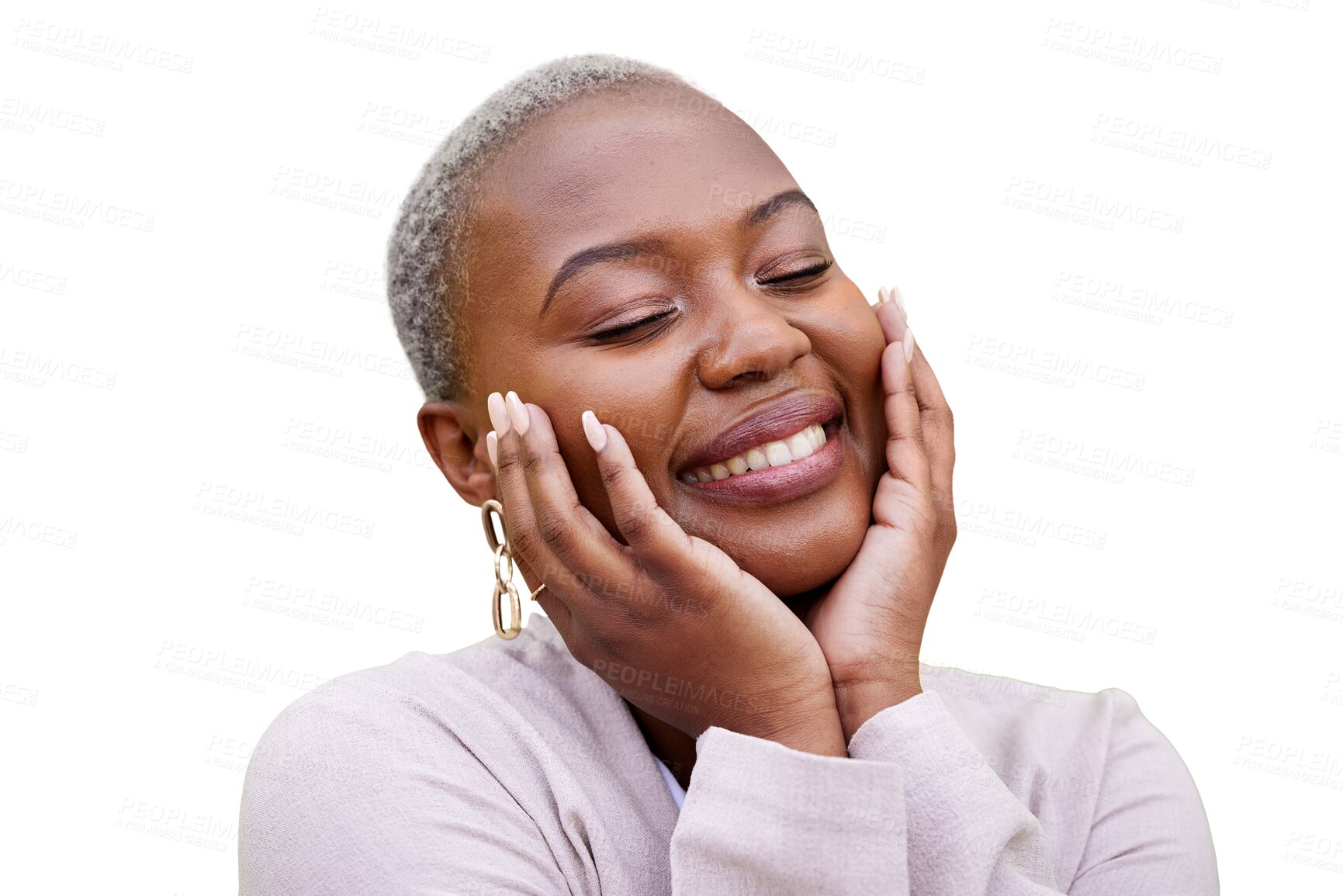 Buy stock photo Black woman, happy and hands on face for self love or peace in transparent, isolated or png background. African, employee and relax with calm, mindset and confidence with fashion and style for work