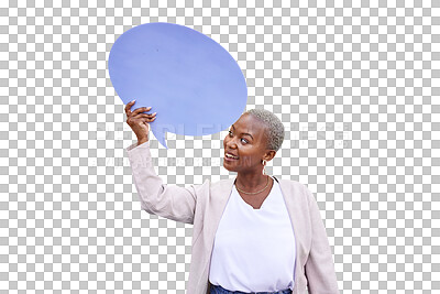 Buy stock photo Happy black woman, speech bubble or mockup space for opinion or isolated on transparent png background. African person, billboard or poster for social media, vote or review with news announcement