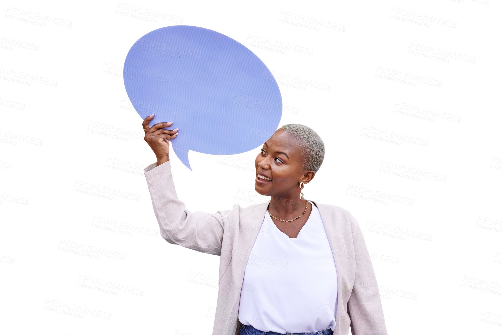 Buy stock photo Happy black woman, speech bubble or mockup space for opinion or isolated on transparent png background. African person, billboard or poster for social media, vote or review with news announcement