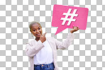 Portrait, pointing and black woman with a hashtag speech bubble