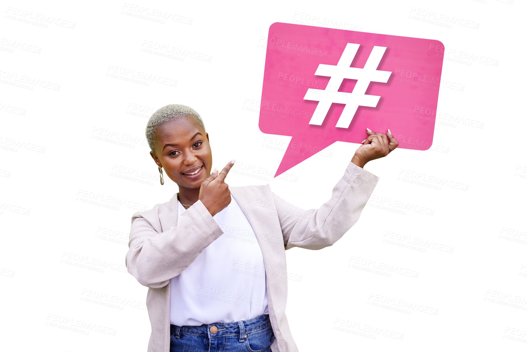 Buy stock photo Portrait of black woman, hashtag speech bubble or social media for opinion on transparent png background. Happy smile, pointing or billboard poster for promo, vote or review with news announcement