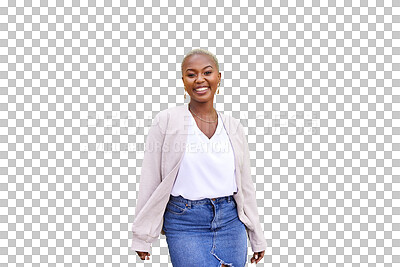 Buy stock photo Happy, portrait and african woman in casual clothes for fashion and denim skirt with confidence. Young model or person from South Africa in cool and trendy style isolated a transparent png background