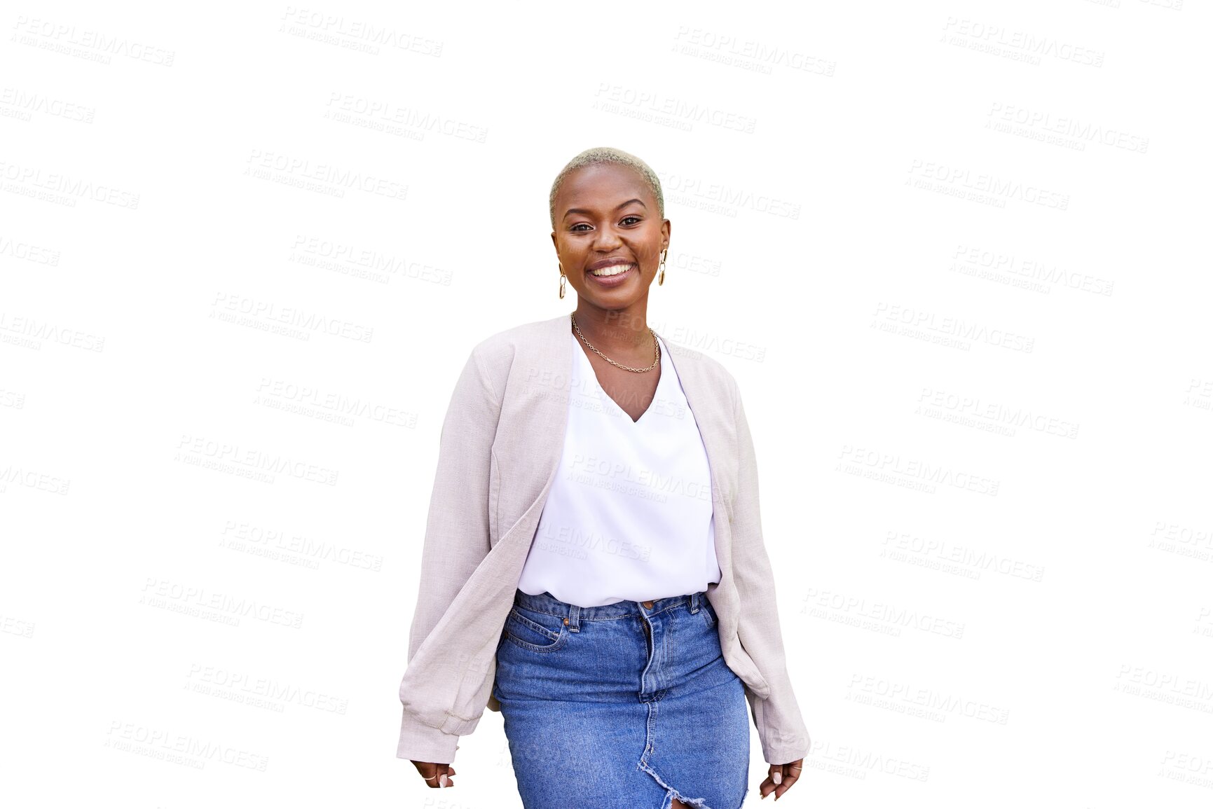 Buy stock photo Happy, portrait and african woman in casual clothes for fashion and denim skirt with confidence. Young model or person from South Africa in cool and trendy style isolated a transparent png background