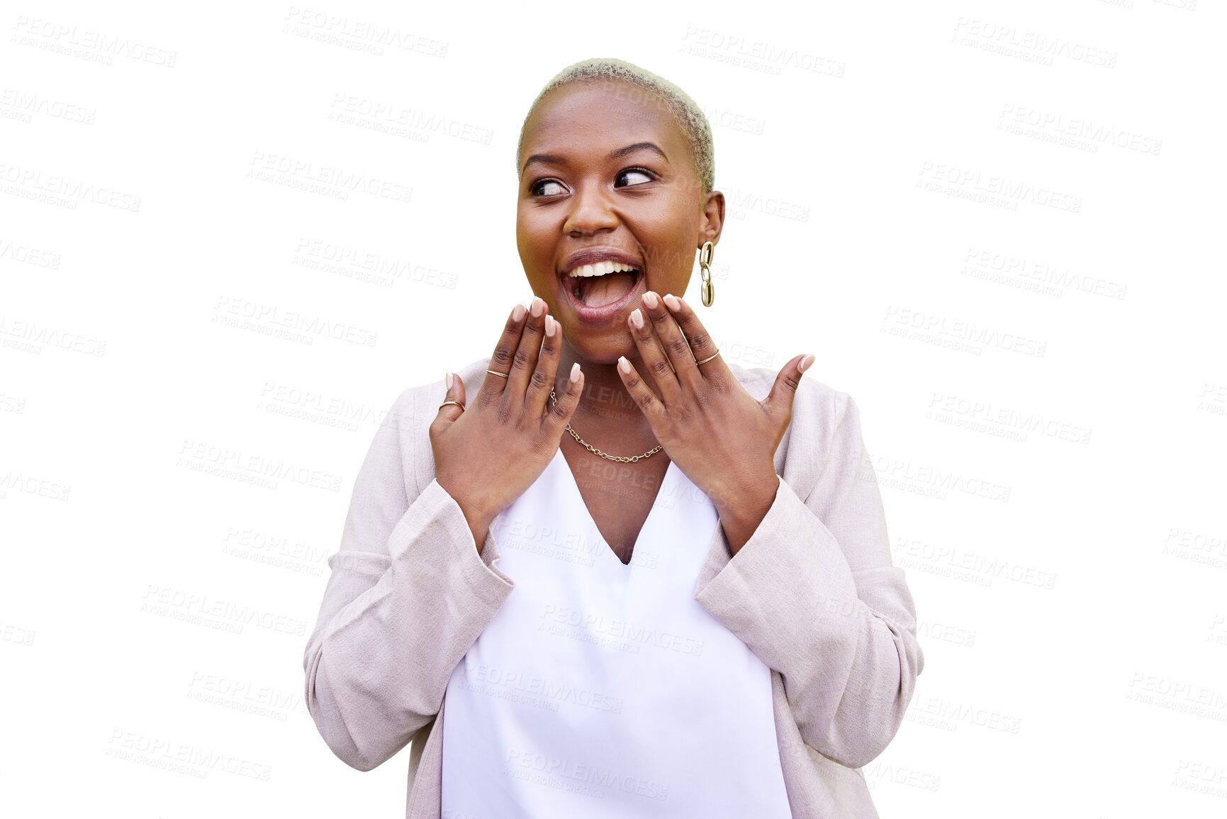 Buy stock photo Shock, hands and woman or excited, happy and wow for deal or isolated on transparent png background. Black person, surprise and omg for announcement, success and joy for win, face and celebration