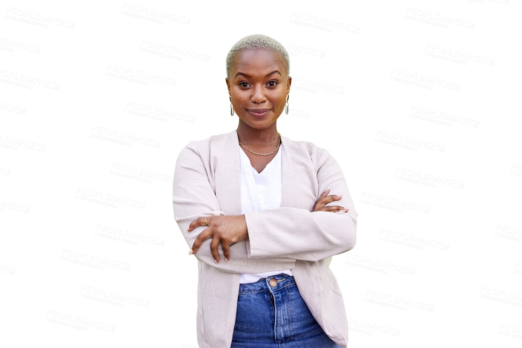 Buy stock photo Woman, portrait and fashion arms crossed for confidence outfit, isolated on transparent png background. Black person, face and smile for trendy clothes style or denim jeans for classy, proud or cool