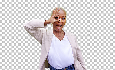 Buy stock photo Woman, portrait and eye or okay sign for happy mood or cool fashion, isolated on transparent png background. Black person, face and hand gesture or care free personality, confidence or yes agreement