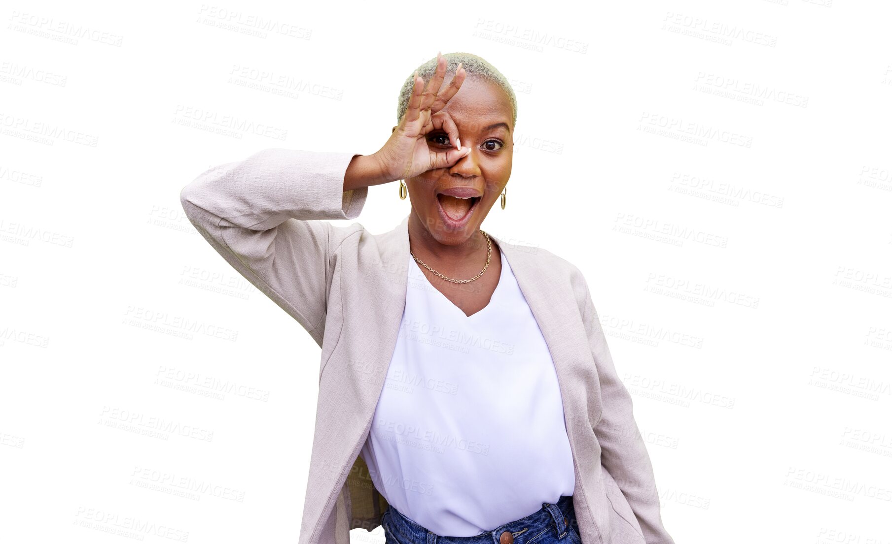 Buy stock photo Woman, portrait and eye or okay sign for happy mood or cool fashion, isolated on transparent png background. Black person, face and hand gesture or care free personality, confidence or yes agreement