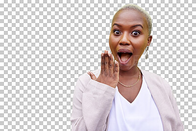 Buy stock photo Wow, shocked and black woman surprise by news, deal or discount offer isolated on a png transparent background. Excited, gossip and young person with emoji reaction to announcement or promotion