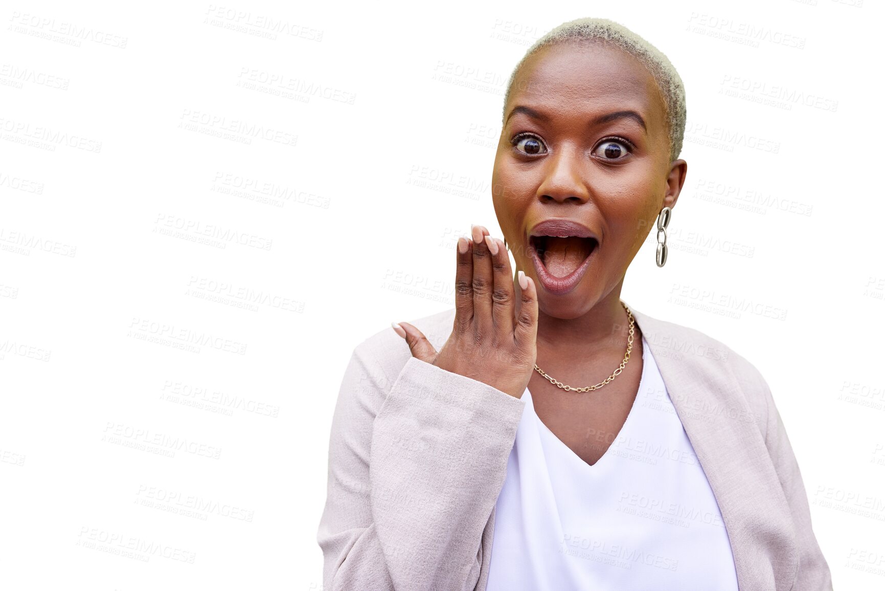 Buy stock photo Wow, shocked and black woman surprise by news, deal or discount offer isolated on a png transparent background. Excited, gossip and young person with emoji reaction to announcement or promotion