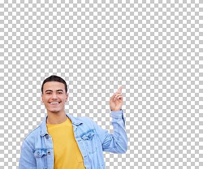 Buy stock photo Smile, pointing and portrait of a man advertising, marketing or promotion isolated on a transparent png background. Happy person gesture at commercial presentation, show information and announcement