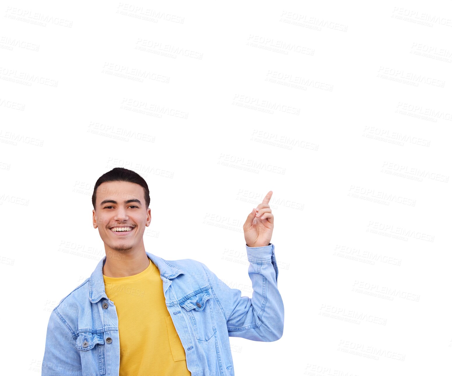 Buy stock photo Smile, pointing and portrait of a man advertising, marketing or promotion isolated on a transparent png background. Happy person gesture at commercial presentation, show information and announcement