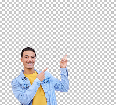 Buy stock photo Excited, pointing and portrait of a man advertising, marketing or promotion isolated on a transparent png background. Happy person gesture at commercial presentation, show information or announcement