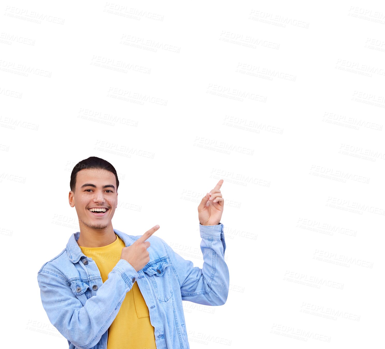 Buy stock photo Excited, pointing and portrait of a man advertising, marketing or promotion isolated on a transparent png background. Happy person gesture at commercial presentation, show information or announcement