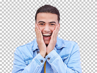 Buy stock photo Man, hands and face for surprise in portrait with happiness, excited and wow. Male model, gesture and cheeks with omg emoji on isolated or transparent png background for announcement, news or offer