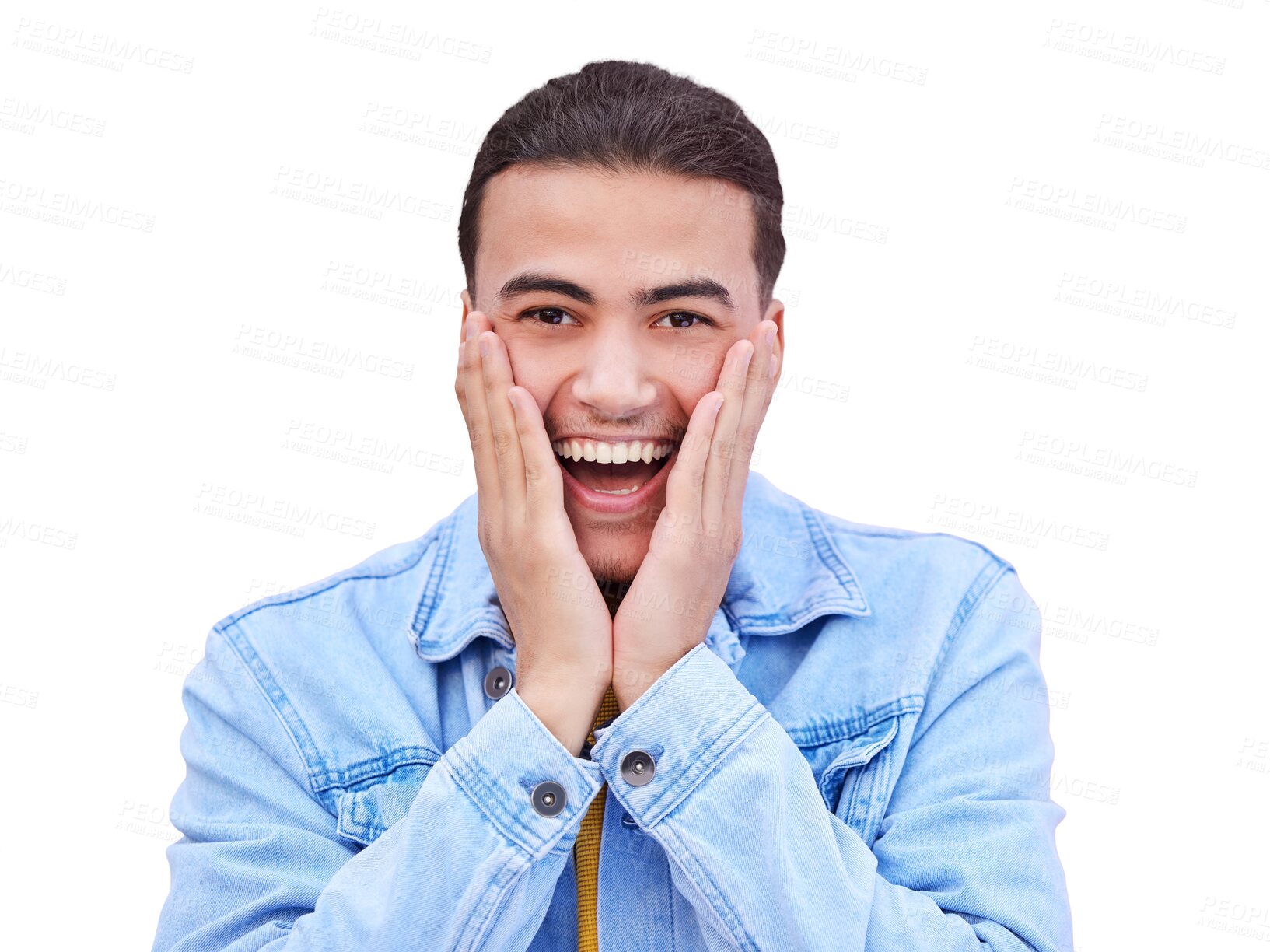 Buy stock photo Man, hands and face for surprise in portrait with happiness, excited and wow. Male model, gesture and cheeks with omg emoji on isolated or transparent png background for announcement, news or offer