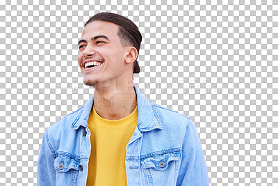 Buy stock photo Student, man and smile fashion outfit as trendy style or university, isolated on transparent png background. Male person, pride or denim jacket or gen z clothes or future goals, happy or college cool