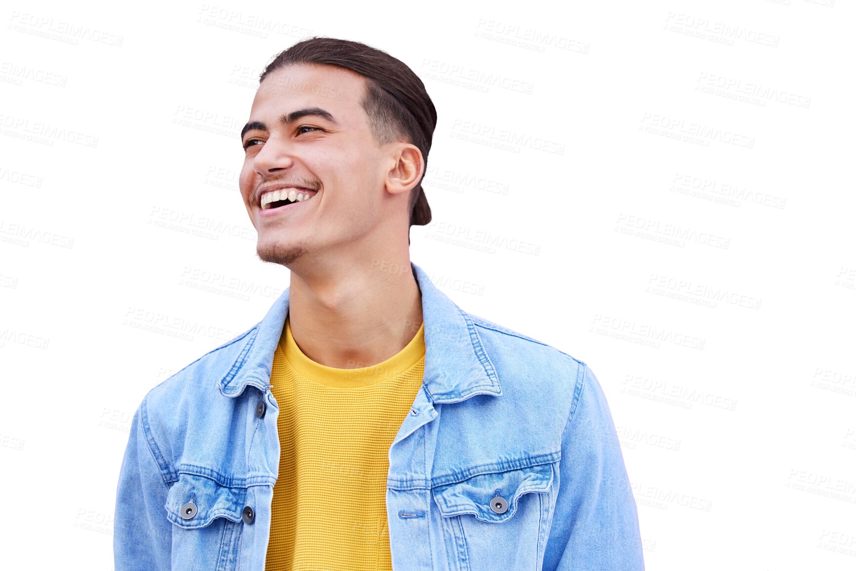 Buy stock photo Student, man and smile fashion outfit as trendy style or university, isolated on transparent png background. Male person, pride or denim jacket or gen z clothes or future goals, happy or college cool