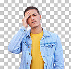 Stress, portrait and man with headache in studio isolated on a pink background. Mental health, anxiety and face of depressed and sad male model with depression, pain or migraine, burnout or head ache