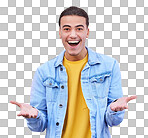 Man, portrait and wall with open hands, smile and excited wow for fashion, vision and success in city. Young gen z student, trendy clothes and surprise with happiness by pink background in metro