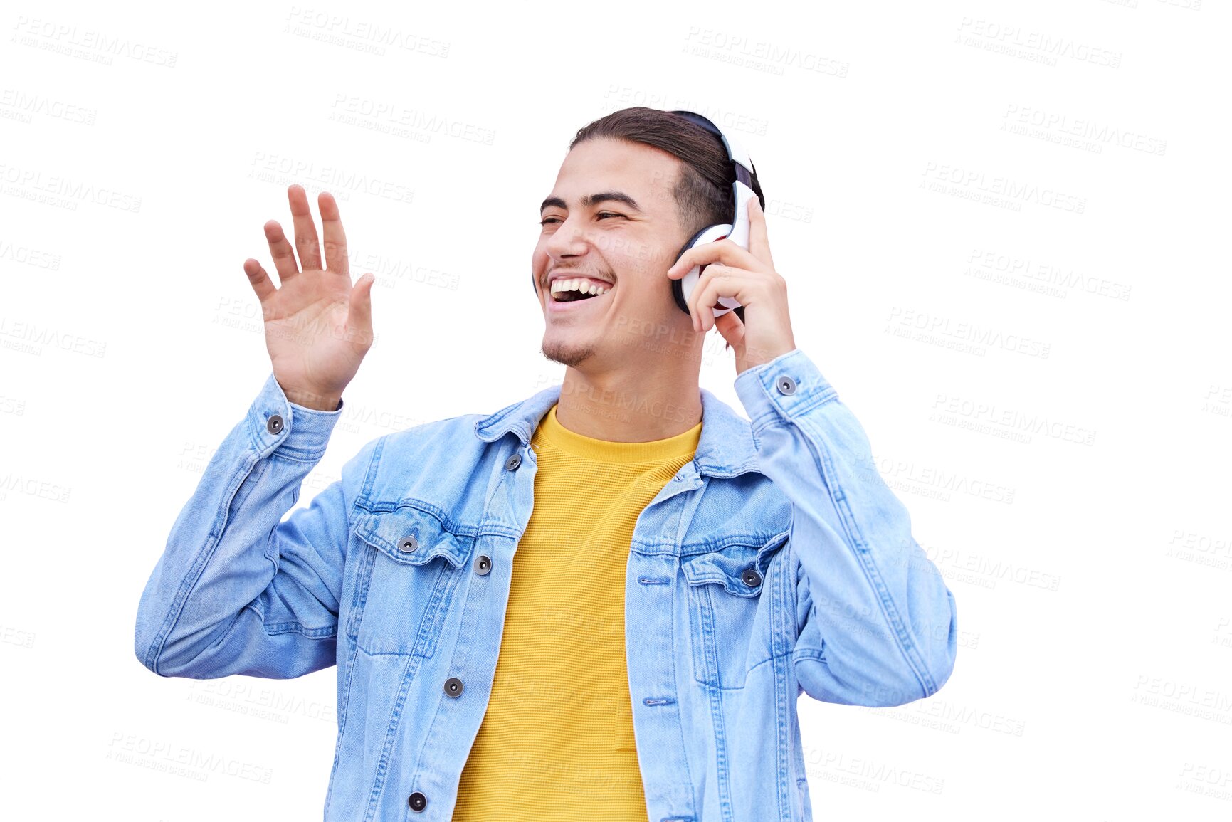 Buy stock photo Happy man, smile and headphones for listening of music, freedom and wireless for fun. Male model, young person and technology for podcast, radio or streaming on isolated or transparent png background