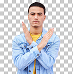 No, stop and portrait of a man with hands as a sign isolated on a pink studio background. Angry, caution and serious person with a rejection, decline and problem gesture with arms on a backdrop