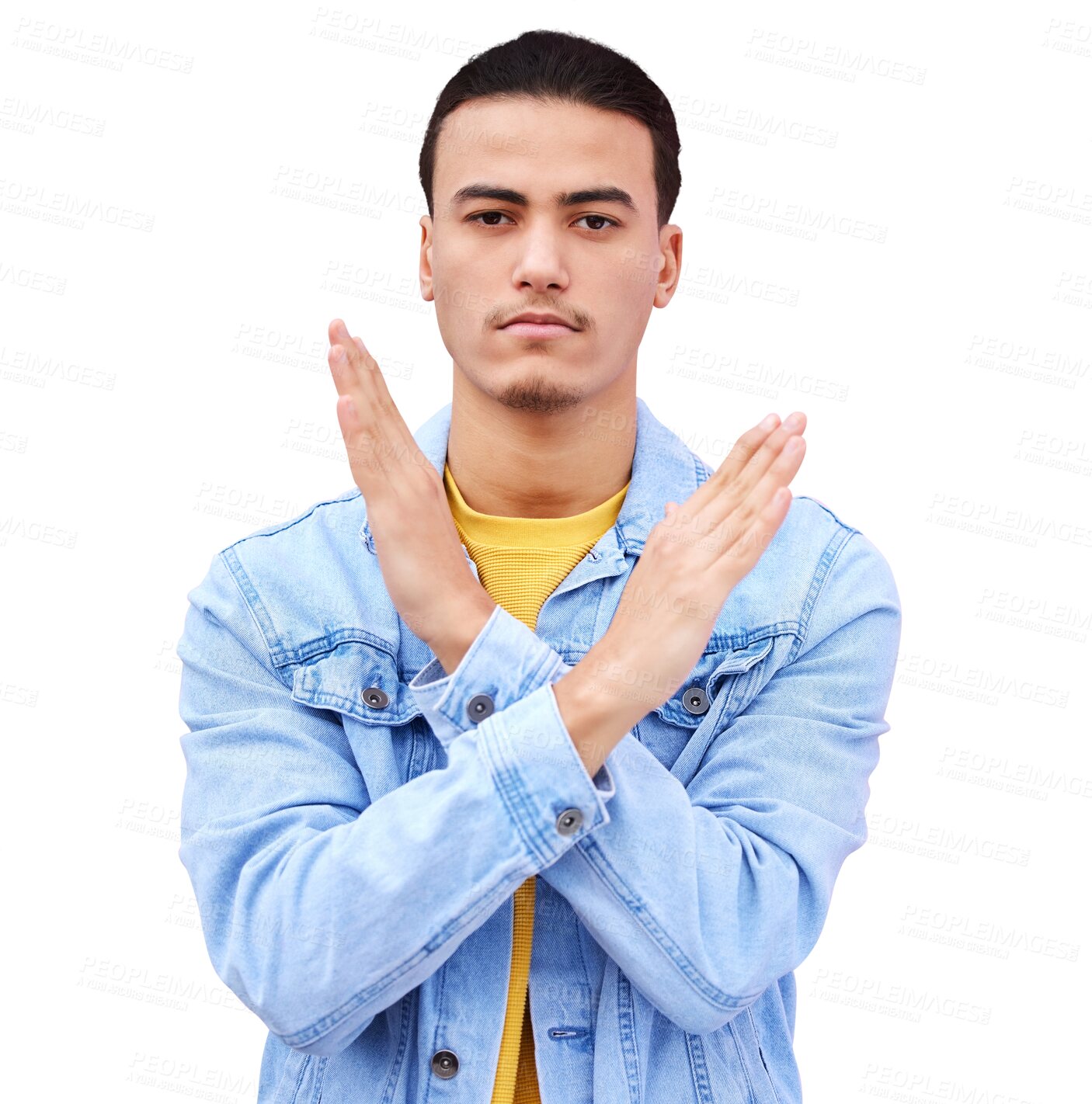 Buy stock photo No, stop and portrait of a man with crossed arms as a sign isolated on a transparent png background. Serious face, person and x hands in caution, rejection or decline and warning, gesture or conflict