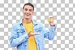 Happy, portrait and man with a bank card in a studio with a positive, optimistic and proud mindset. Happiness, smile and face of a male model with a gold credit card isolated by a pink background.