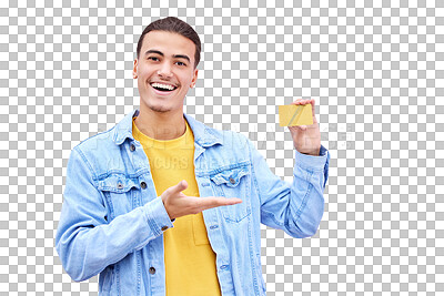 Buy stock photo Isolated man, portrait and show credit card for smile, bonus and success by transparent png background. Investor, savings and person for security, banking or money for increase, prize and giveaway