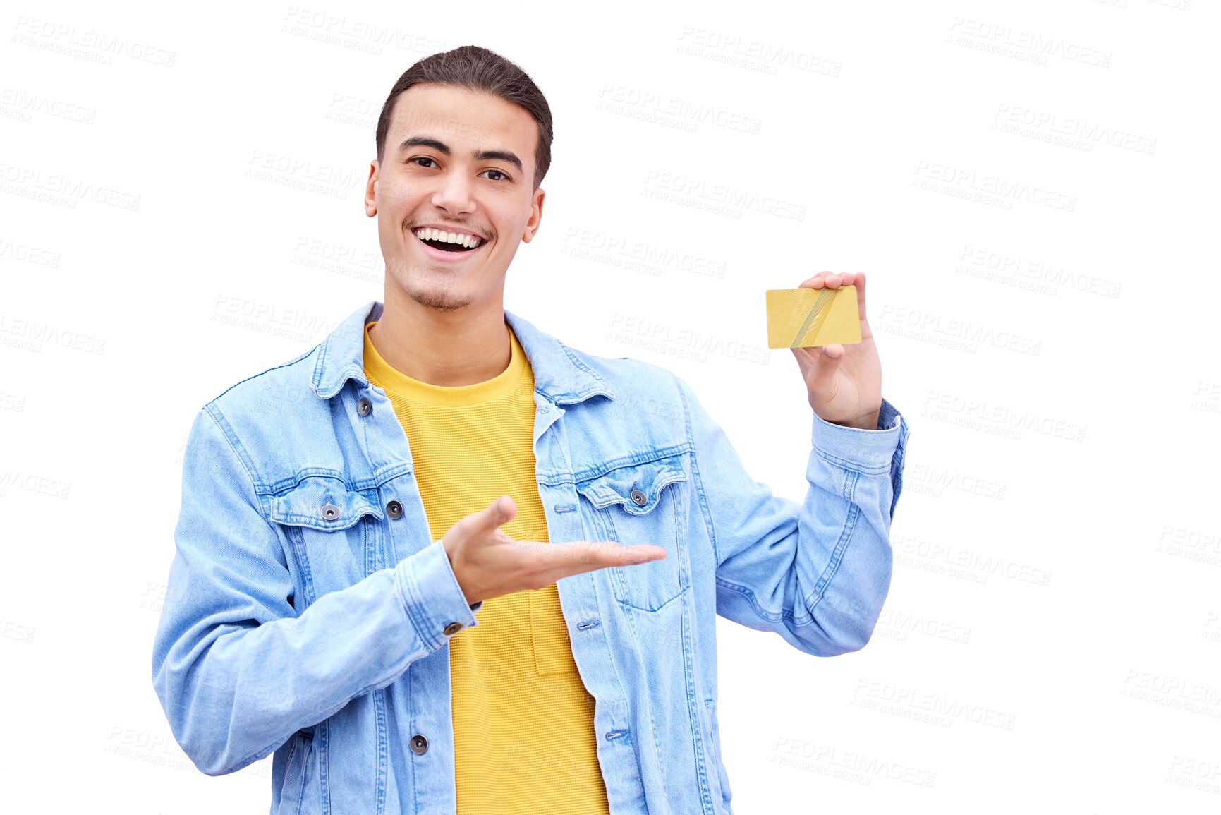 Buy stock photo Isolated man, portrait and show credit card for smile, bonus and success by transparent png background. Investor, savings and person for security, banking or money for increase, prize and giveaway