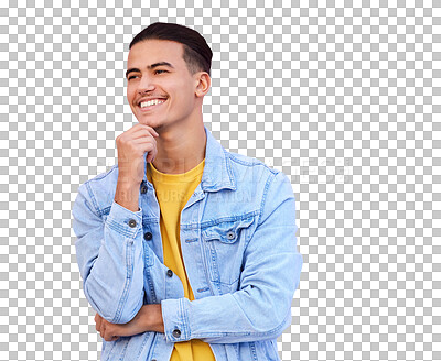 Buy stock photo Isolated student man, thinking and smile for future, vision or choice by transparent png background. Person, guy and happy for decision, problem solving or solution with memory, question or process