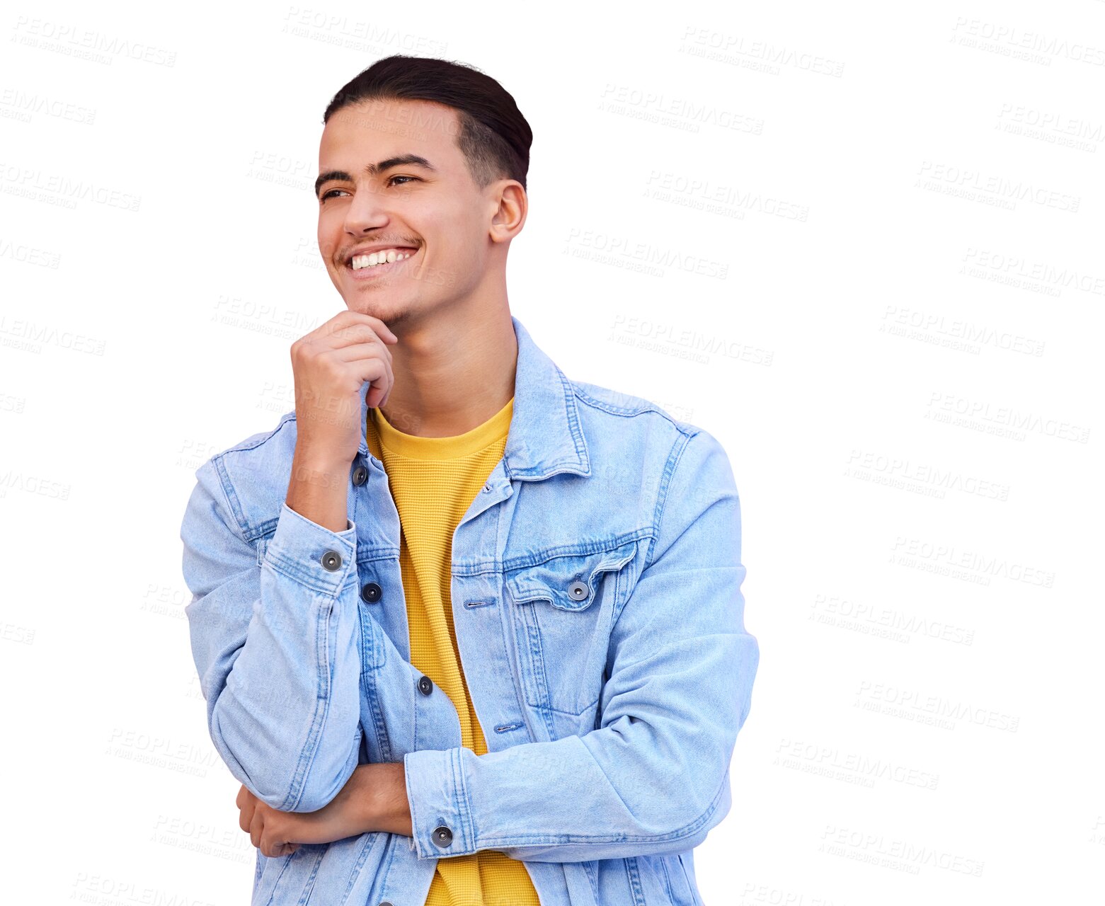 Buy stock photo Isolated student man, thinking and smile for future, vision or choice by transparent png background. Person, guy and happy for decision, problem solving or solution with memory, question or process