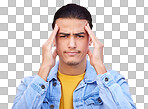 Portrait, stress and man with headache in studio isolated on a pink background. Mental health, anxiety and face of depressed and sad male model with depression, pain or migraine, burnout or head ache