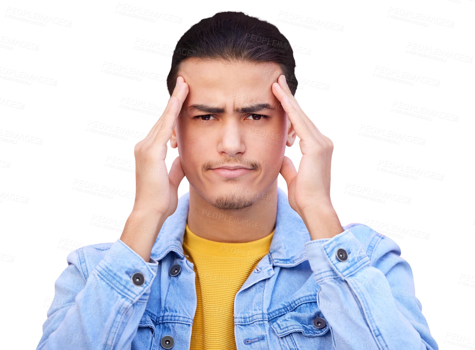 Buy stock photo Portrait, stress and man with pain of headache, brain fog or fatigue isolated on transparent png background. Face of tired, dizzy or confused model with migraine, burnout challenge or risk of mistake