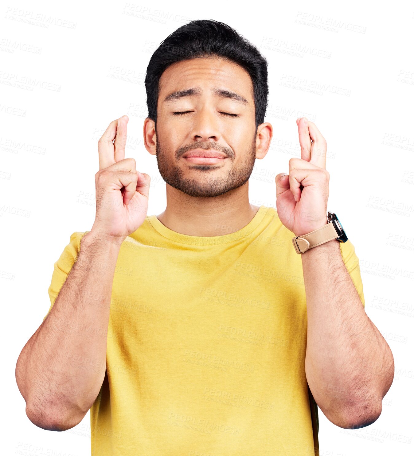 Buy stock photo Nervous, man and hope with fingers crossed for lucky news, feedback or waiting for results with anxiety isolated on transparent png background. Asian model, hands and sign for wish, praying and emoji