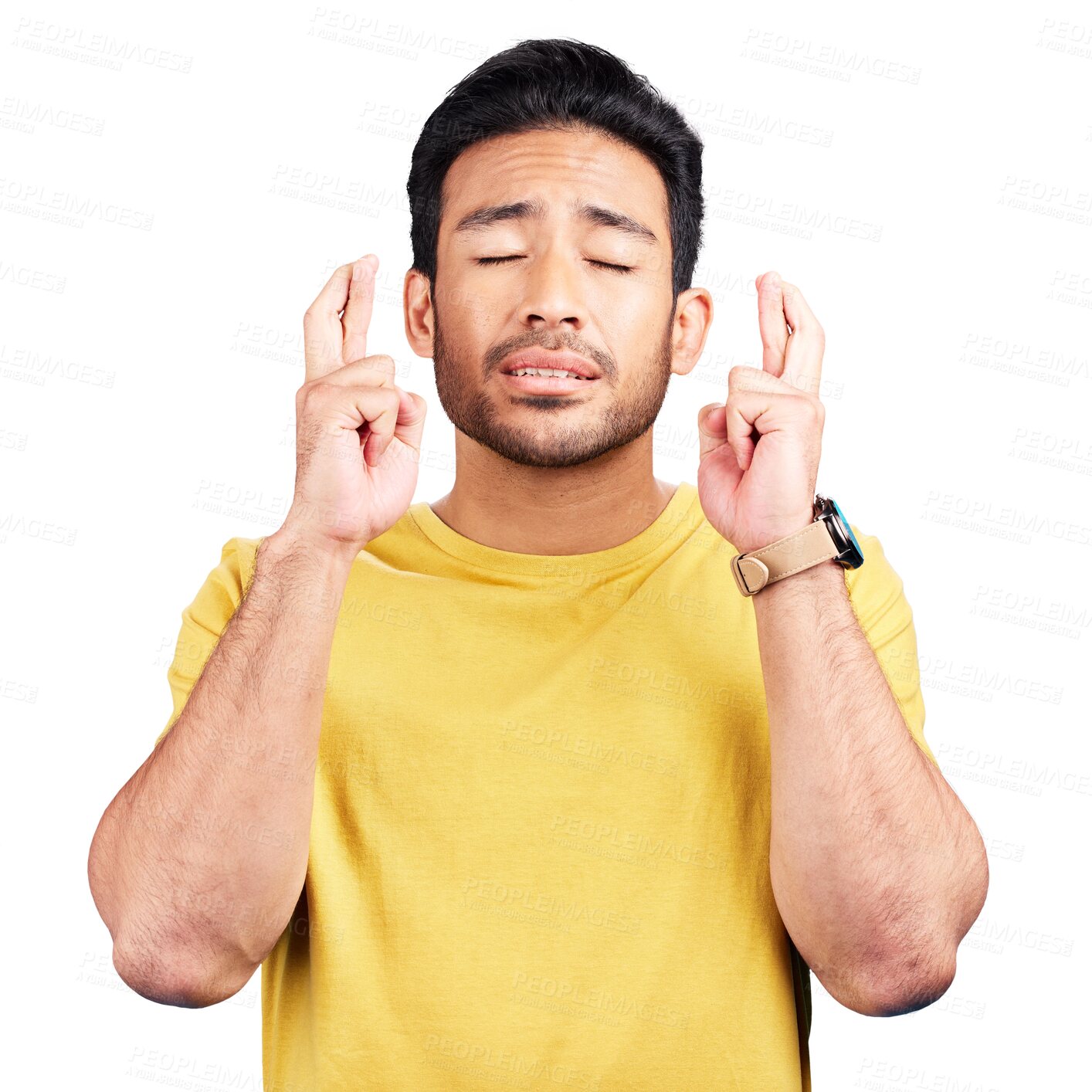 Buy stock photo Hands, hope and fingers crossed with a man isolated on a transparent background for emoji, luck or wish. Face, prayer or fortune and a young person eyes closed on PNG with a hand gesture for karma