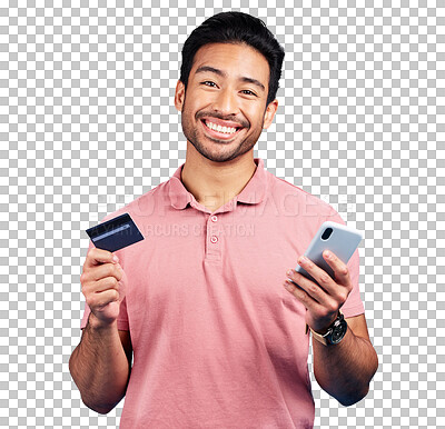 Buy stock photo Man, phone and portrait with credit card for online shopping, fintech payment or deal isolated on transparent png background. Happy asian model, mobile banking or code for ecommerce, sales or savings