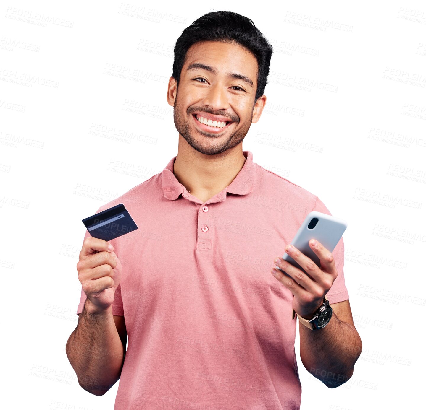 Buy stock photo Man, phone and portrait with credit card for online shopping, fintech payment or deal isolated on transparent png background. Happy asian model, mobile banking or code for ecommerce, sales or savings