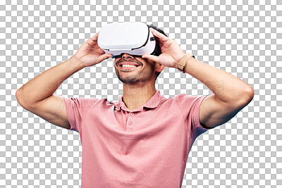 Man with smile, virtual reality and metaverse with futuristic tech, UX and simulation isolated on blue background. Future technology, digital world and gaming male in VR goggles streaming in studio