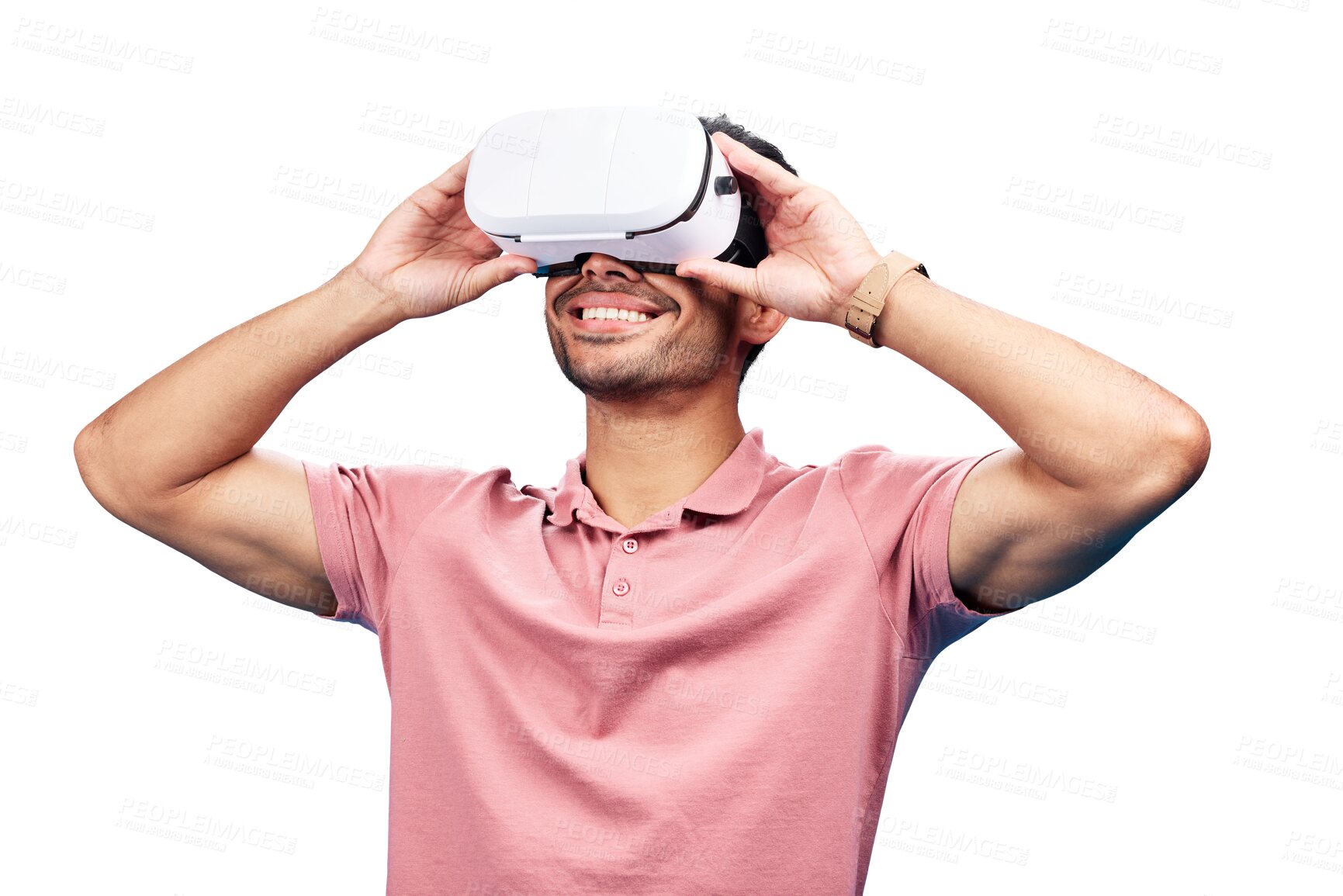 Buy stock photo Man, smile and virtual reality or futuristic goggles for simulation tech, isolated on transparent png background. Male person, glasses and metaverse digital world for streaming, innovation or gaming