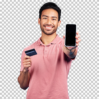 Buy stock photo Man, phone screen and portrait with credit card for online shopping, fintech or promotion isolated on transparent png background. Happy asian model, mobile banking and advertising space for ecommerce