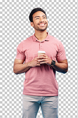 Thinking, smile and Asian man with coffee, ideas and decision against blue studio background. Thoughts, male person or happy model with cappuccino, tea or wonder with choice, happiness or opportunity