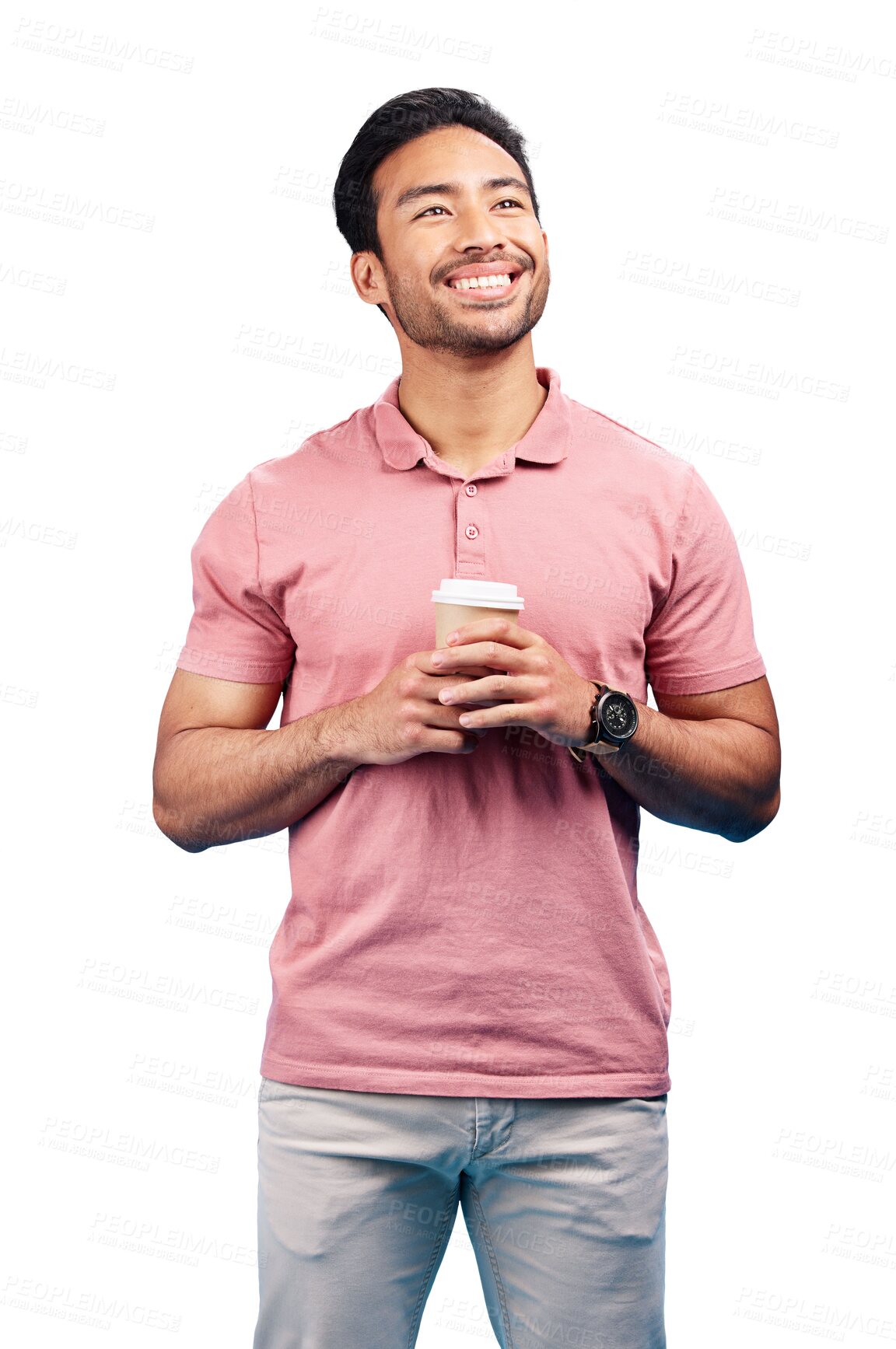 Buy stock photo Thinking, smile and asian man with coffee, ideas and decision on transparent png background. Thoughts, male person or happy model with cappuccino, tea or wonder with choice, happiness or opportunity