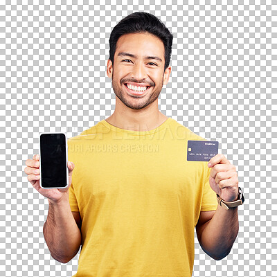 Buy stock photo Man, portrait and cellphone or credit card for online payment, shopping or isolated on transparent png background. Asian person, smile or internet banking as solution or financial growth or ecommerce