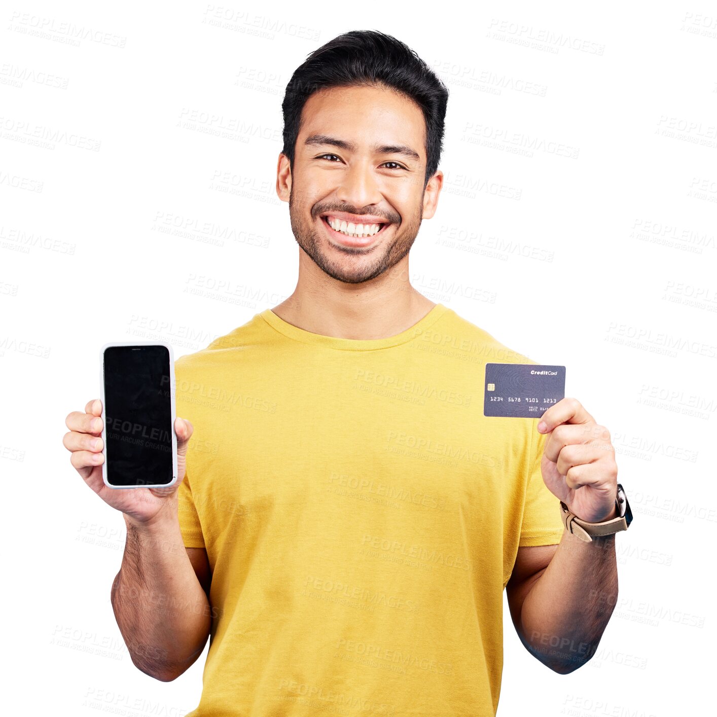 Buy stock photo Man, portrait and cellphone or credit card for online payment, shopping or isolated on transparent png background. Asian person, smile or internet banking as solution or financial growth or ecommerce