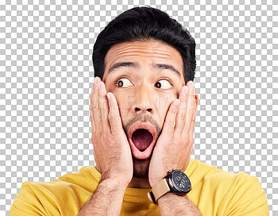 Buy stock photo Shock, hands and man or face, gossip and omg for news or isolated on transparent png background. Asian male person, surprise and wtf for announcement, secret and information or wow, emoji and what