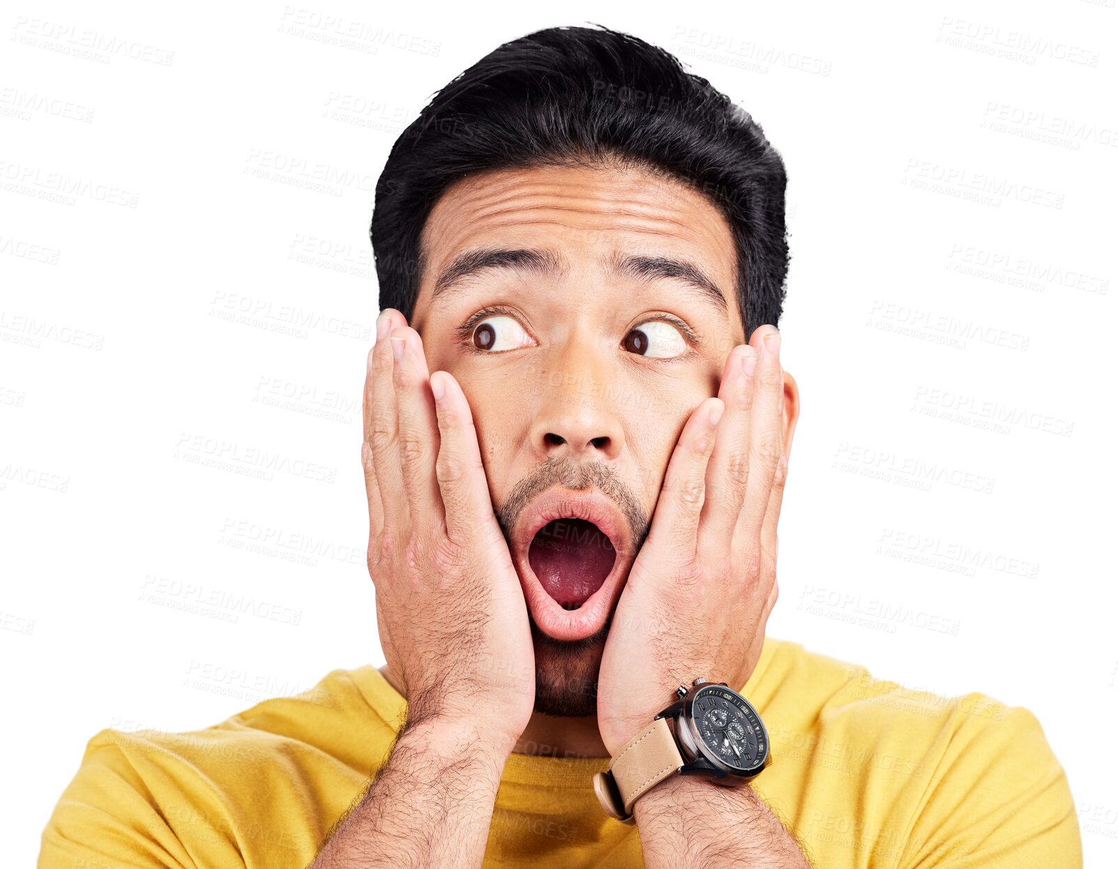 Buy stock photo Shock, hands and man or face, gossip and omg for news or isolated on transparent png background. Asian male person, surprise and wtf for announcement, secret and information or wow, emoji and what