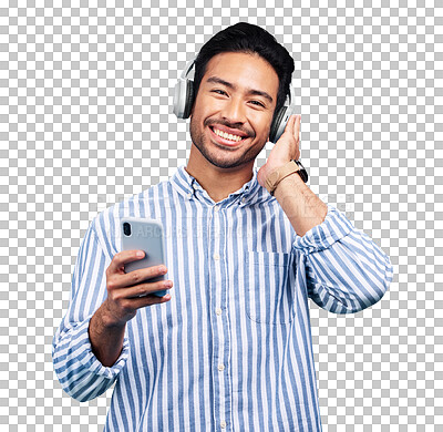 Happy man in portrait, smartphone and headphones, listen to music with entertainment on blue background. Male person with smile, wireless technology and online audio streaming with radio or podcast