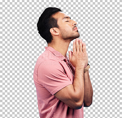 Buy stock photo Praying, hands and asian man with worship, thank you or hope on isolated, transparent or png background. Pray, profile and Japanese model in prayer to Jesus Christ with gratitude for help or praise