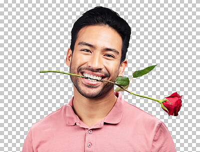 Buy stock photo Isolated man, portrait and rose in teeth, happy or flirt with anniversary gift by transparent png background. Funny person, flower or smile for floral present in mouth for valentines day celebration